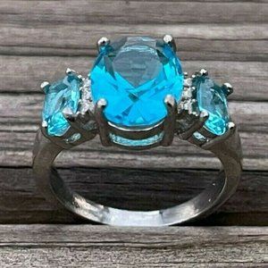 Women Fashion Rings Silver Tone Blue Faux Stone Ladies Fashion Jewelry Ring 5.5